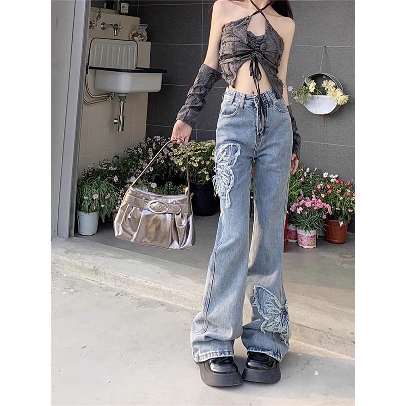 美式复古蝴蝶刺绣牛仔裤女春季辣妹高腰水洗直筒微喇叭拖地长裤子