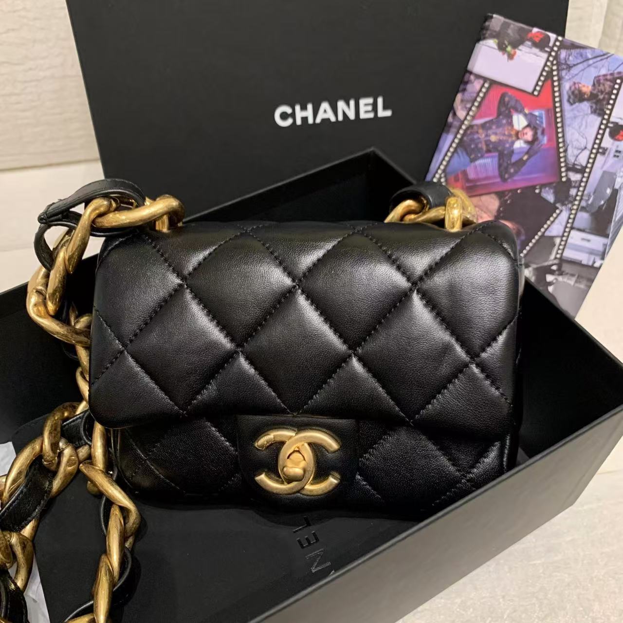 99新 Chanel/香奈儿 壹臻/22s黑金粗链条方胖子斜挎包/30709164