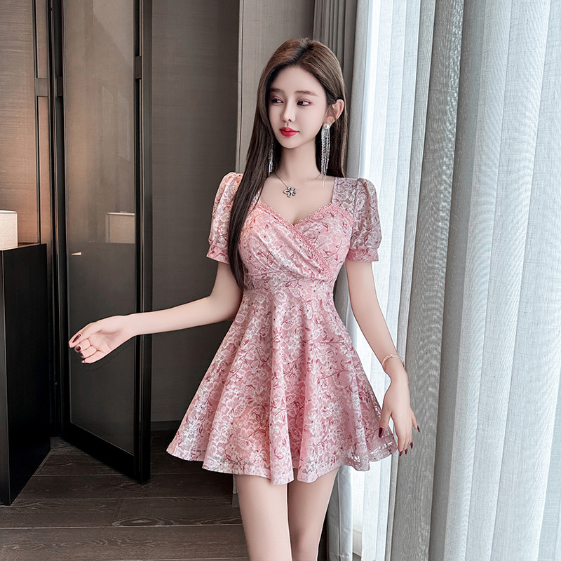 碎花纯色连衣裙旗袍拉链裙子夏季气质短裙褶皱连衣裙3658