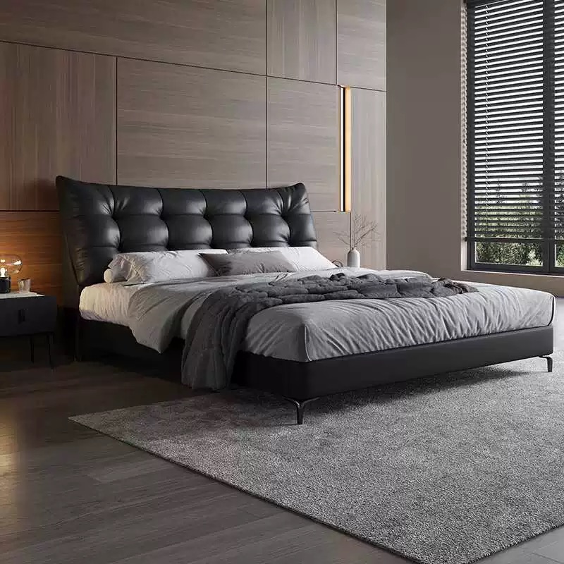 D2【大黑熊】头层牛皮床轻奢简约双人床主卧室婚床实木框架软床