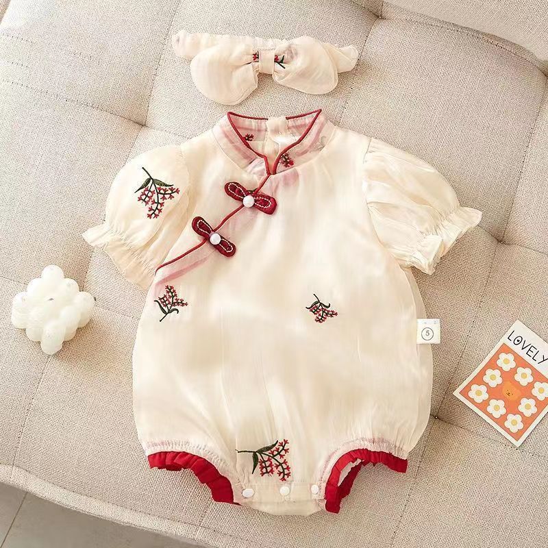 婴幼儿百天洋气国风旗袍三角爬服夏季女宝宝公主风周岁短袖包屁衣
