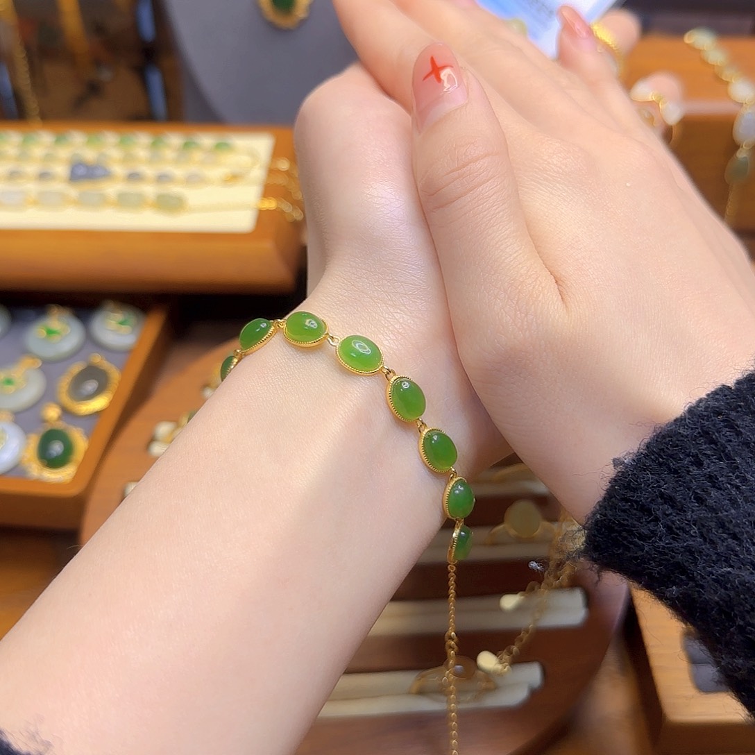 和田玉手链银S925镀金镶嵌