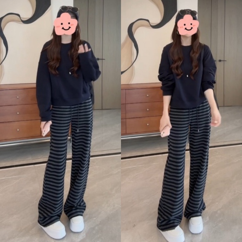 显瘦简约纯色套头圆领卫衣+阔腿松紧腰卫裤条纹休闲裤LK2505875