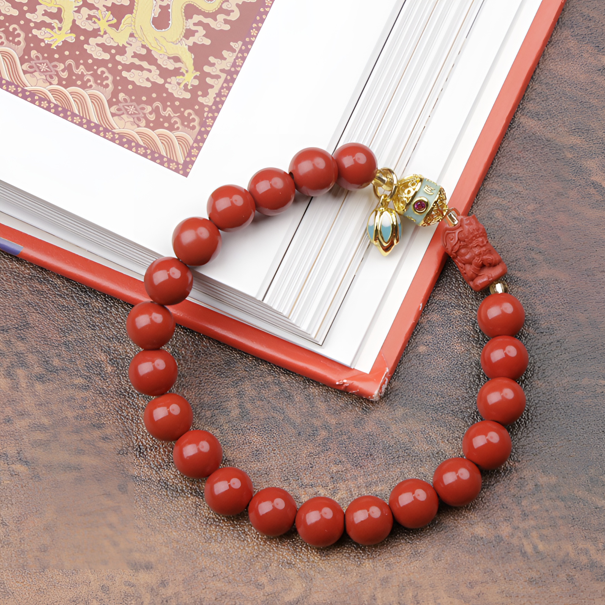灵丹真朱 含辰砂工艺品「六字箴言」【朱砂扎基拉姆】单圈手串8mm