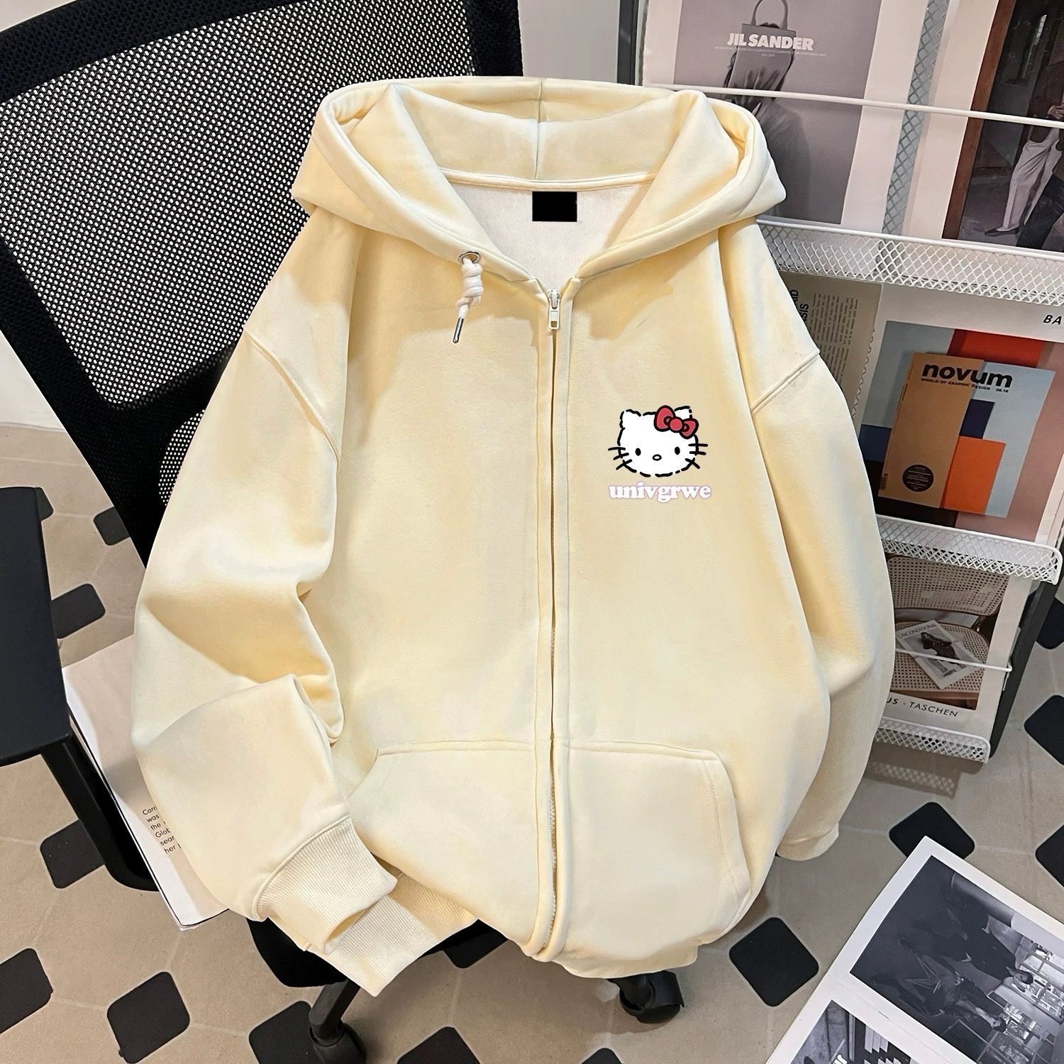 中大童卡通猫拉链连帽卫衣宽松上衣女童春秋冬季洋气时髦开衫外套