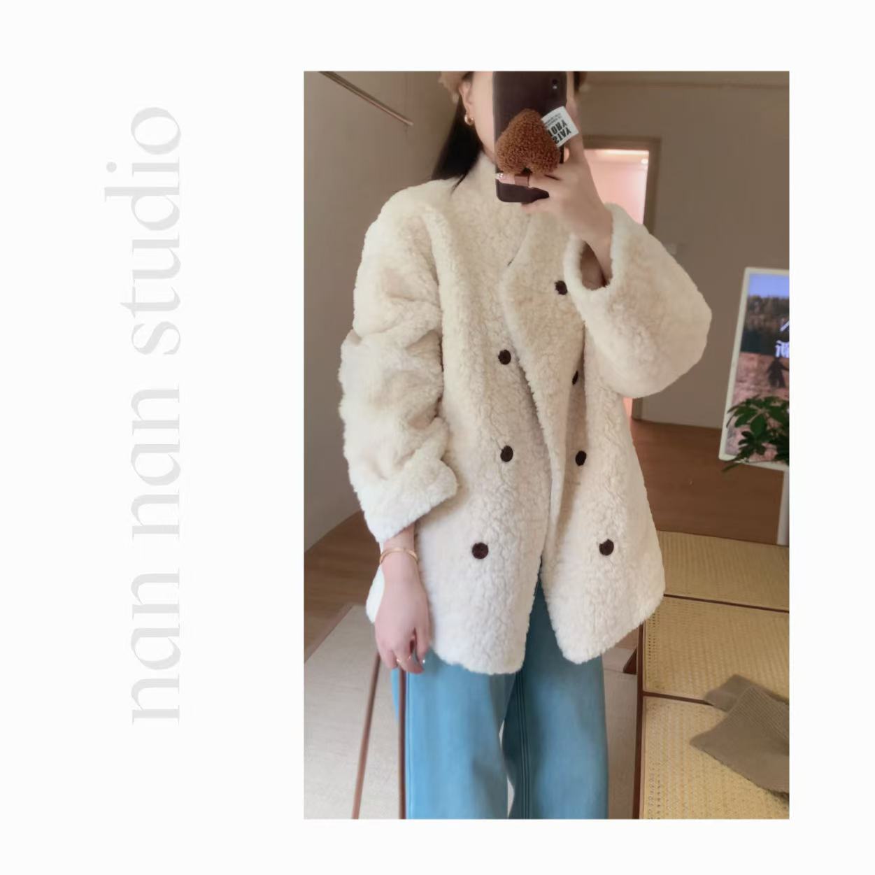 囡囡【豆奶】环保毛双排扣厚款中长款宽松百搭