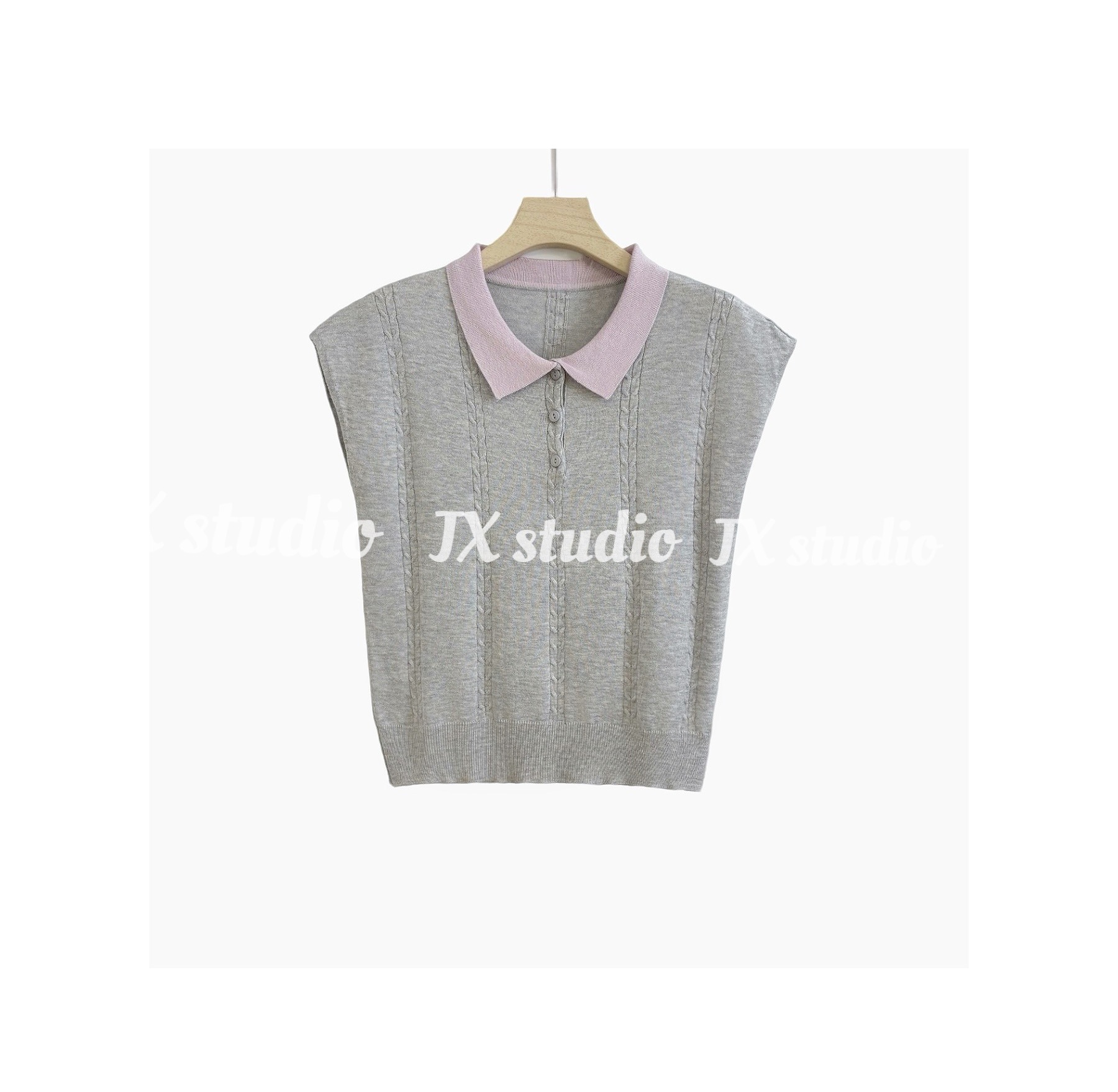 静贤【春雨落叶】春夏新款韩版百搭麻花polo领羊毛针织短袖