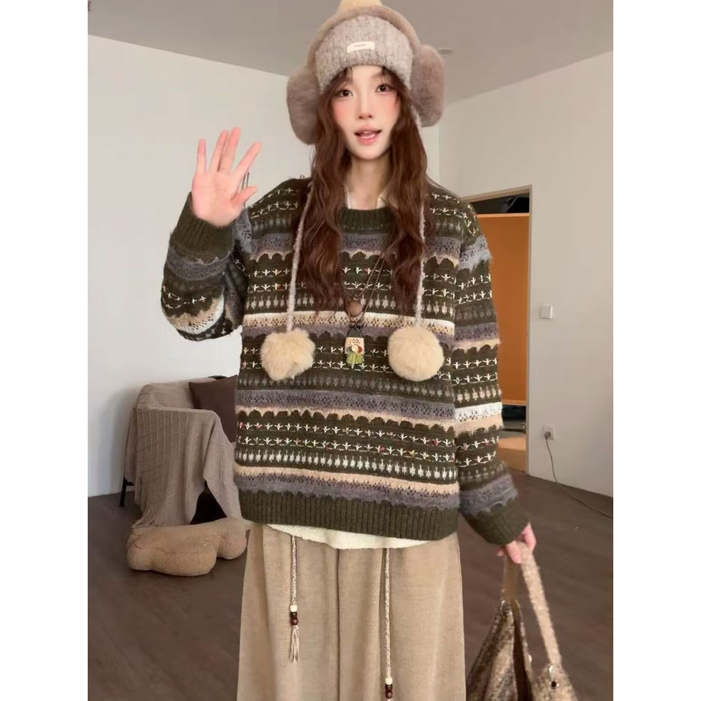 费尔岛风条纹拼色软糯圆领套头毛衣女秋冬季宽松显瘦百搭针织上衣