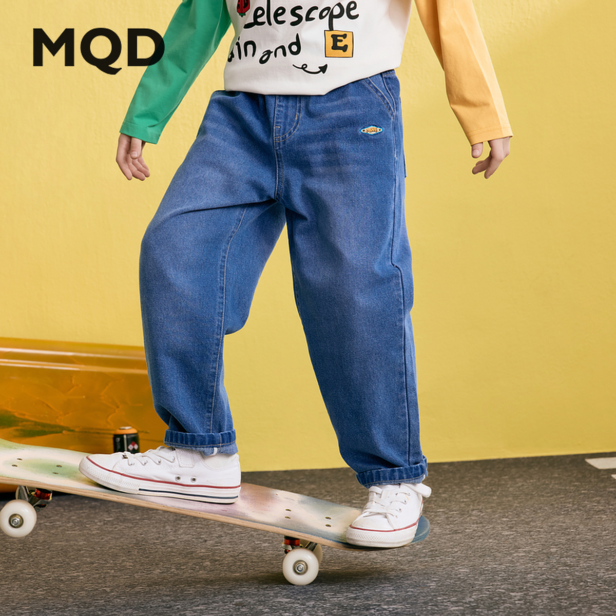 MQD童装儿童春秋新品学院风休闲百搭水洗锥形裤牛仔裤9651W1434