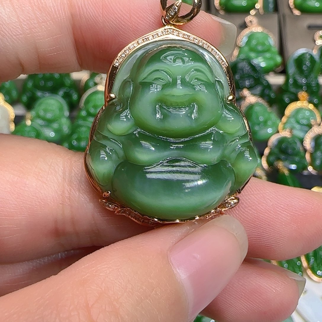 和田玉（碧玉）吊坠(不含链)18K金镶嵌0*