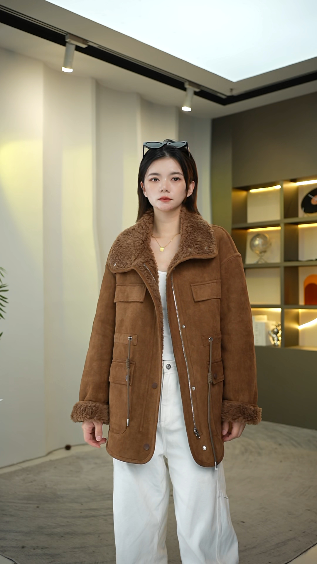 晶选【麂皮暖栗】极简风100羊毛颗粒冬季立领外套网红宽松气质短款