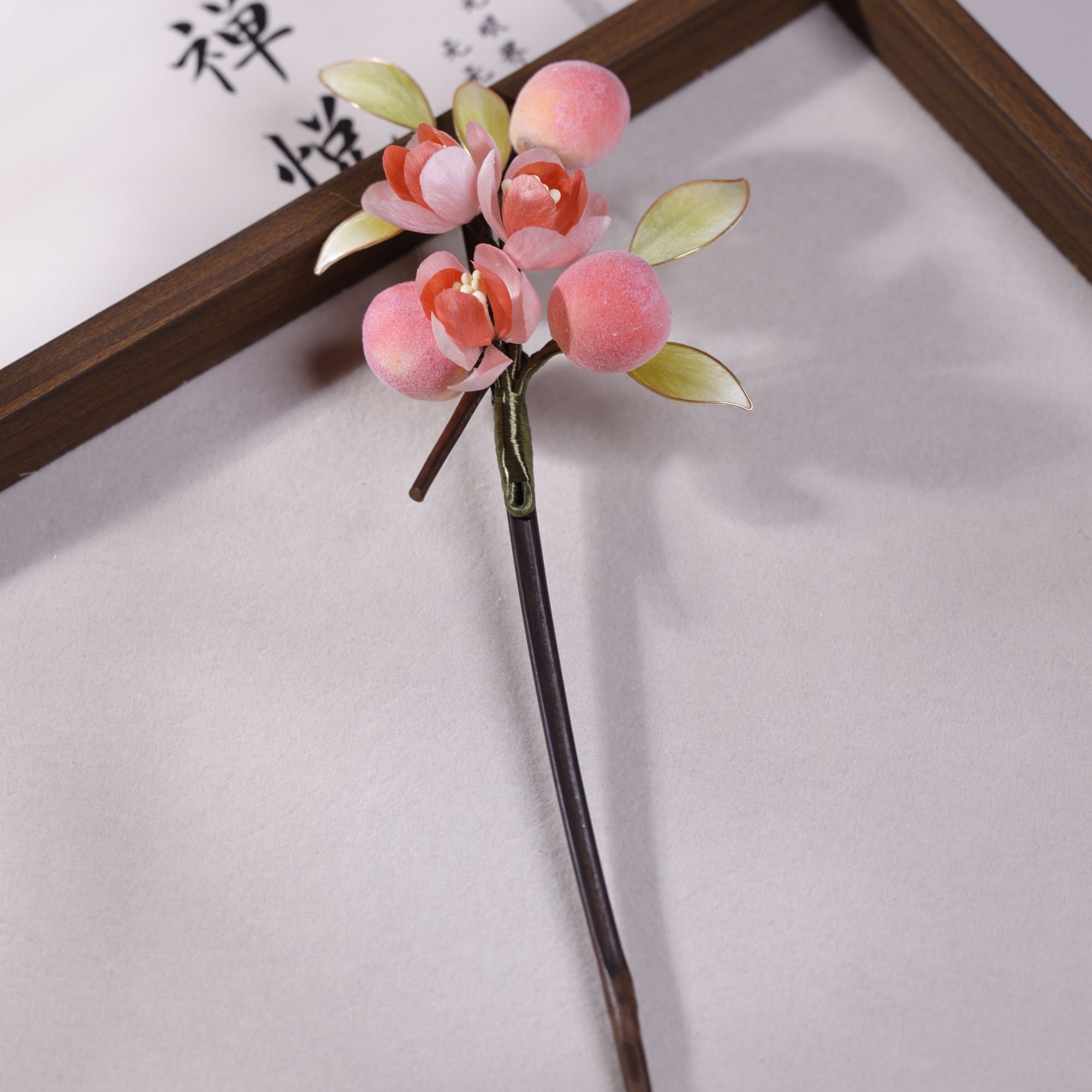 非遗绒花手工水蜜桃发簪天然竹簪