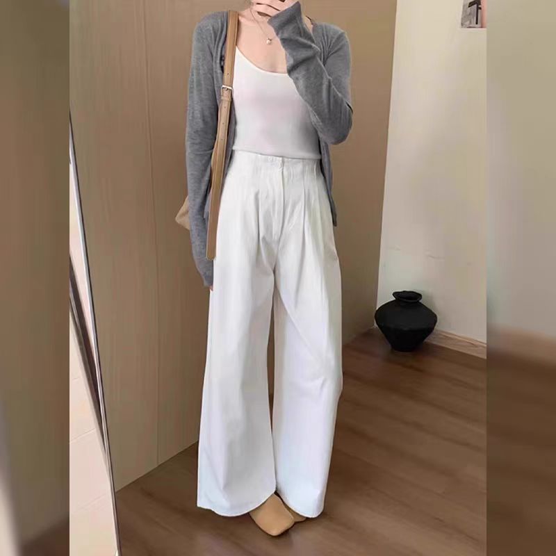 6610【裤长98】韩版白色松紧腰休闲裤女2025年夏季薄款宽松阔腿