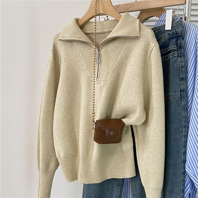 2025秋季新款宽松高领半拉链针织衫女长袖毛衣百搭纯色套头上衣女