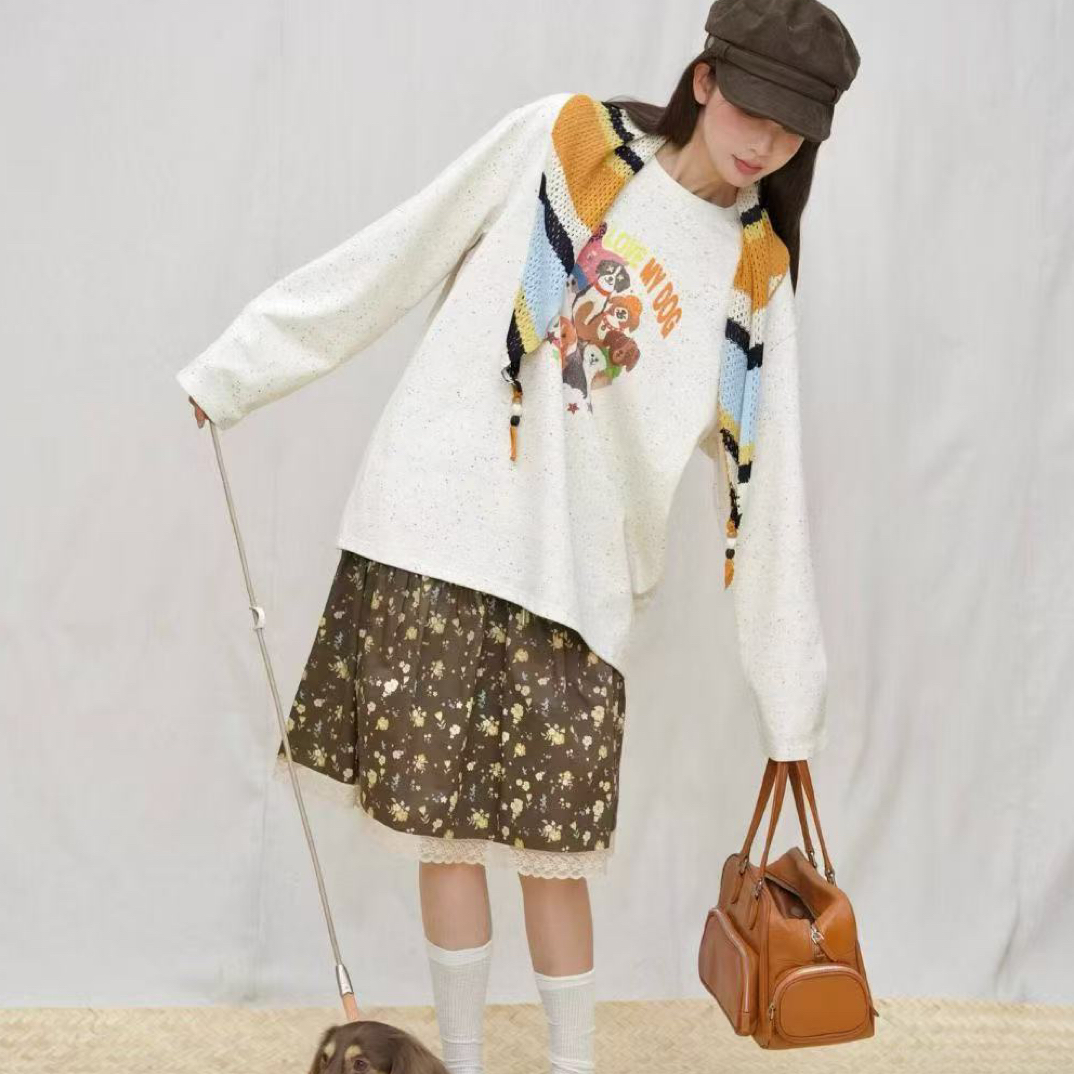 611披肩小狗宽松型印花长袖卡通T恤小狗t