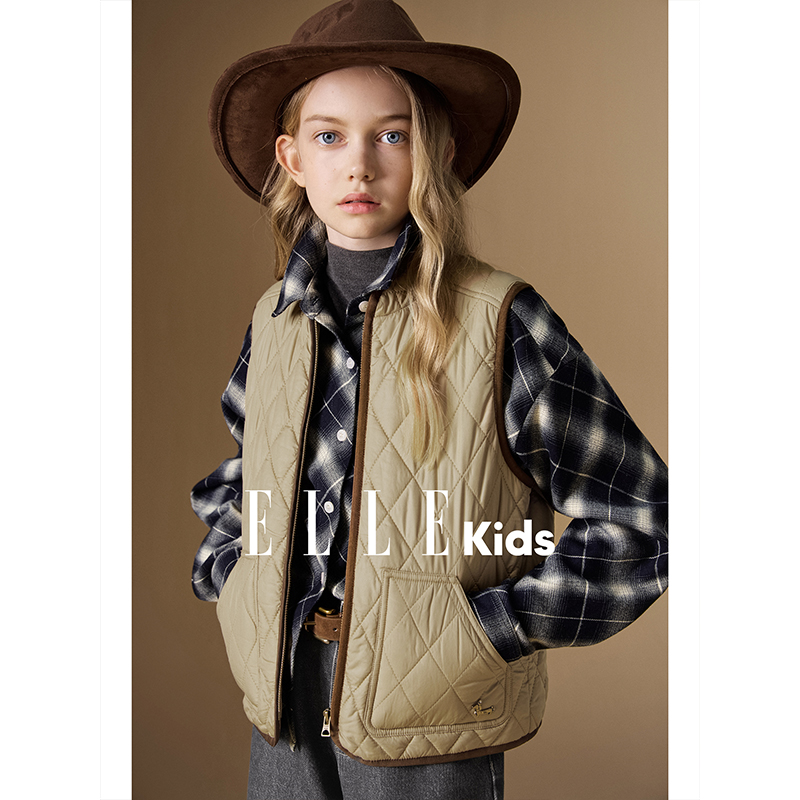 ELLE KIDS童装 复古绗格棉服马甲女儿童冬新款直筒微廓无袖上衣N1