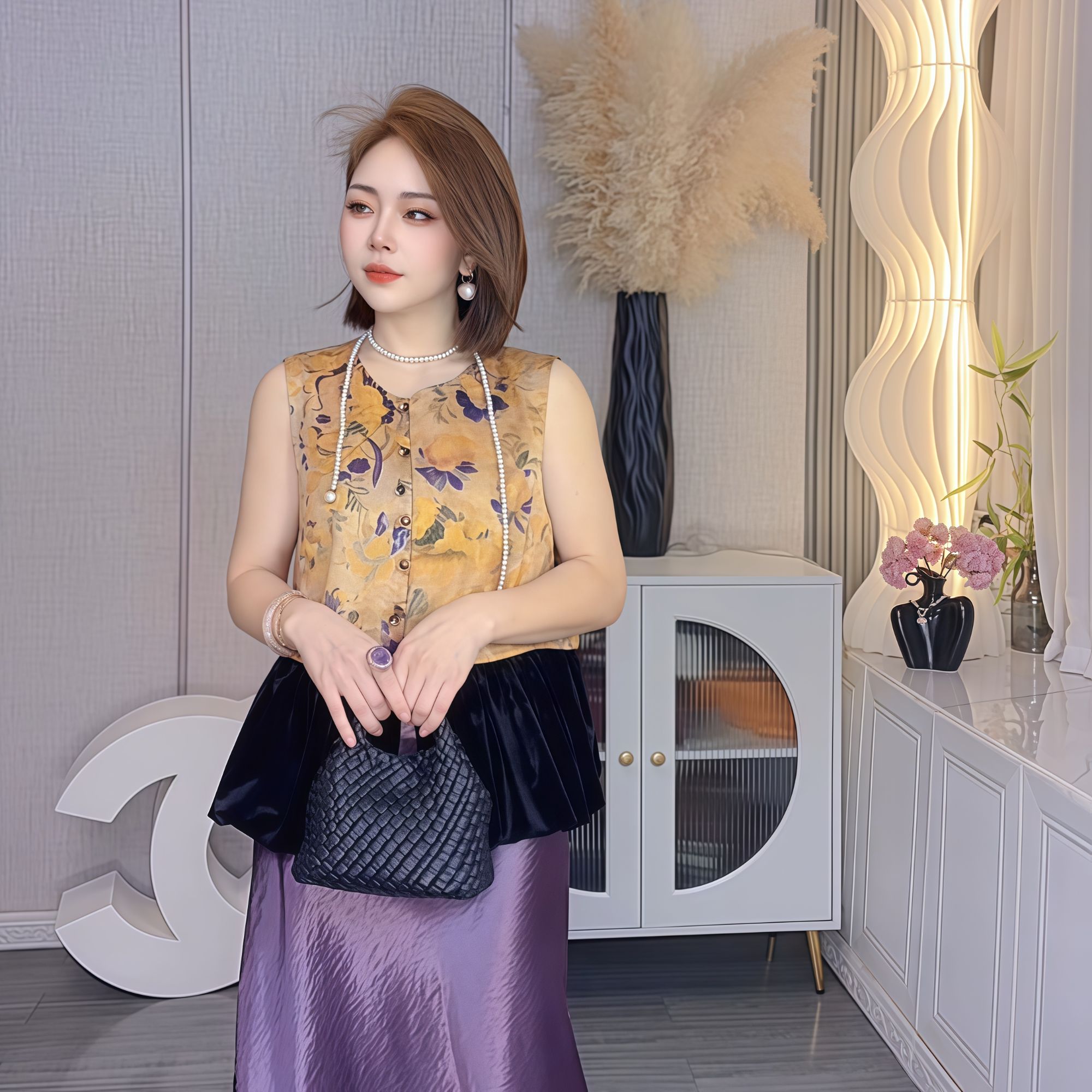 提花拼接秋季条纹女圆领法式马夹马甲休闲显瘦百搭山系
