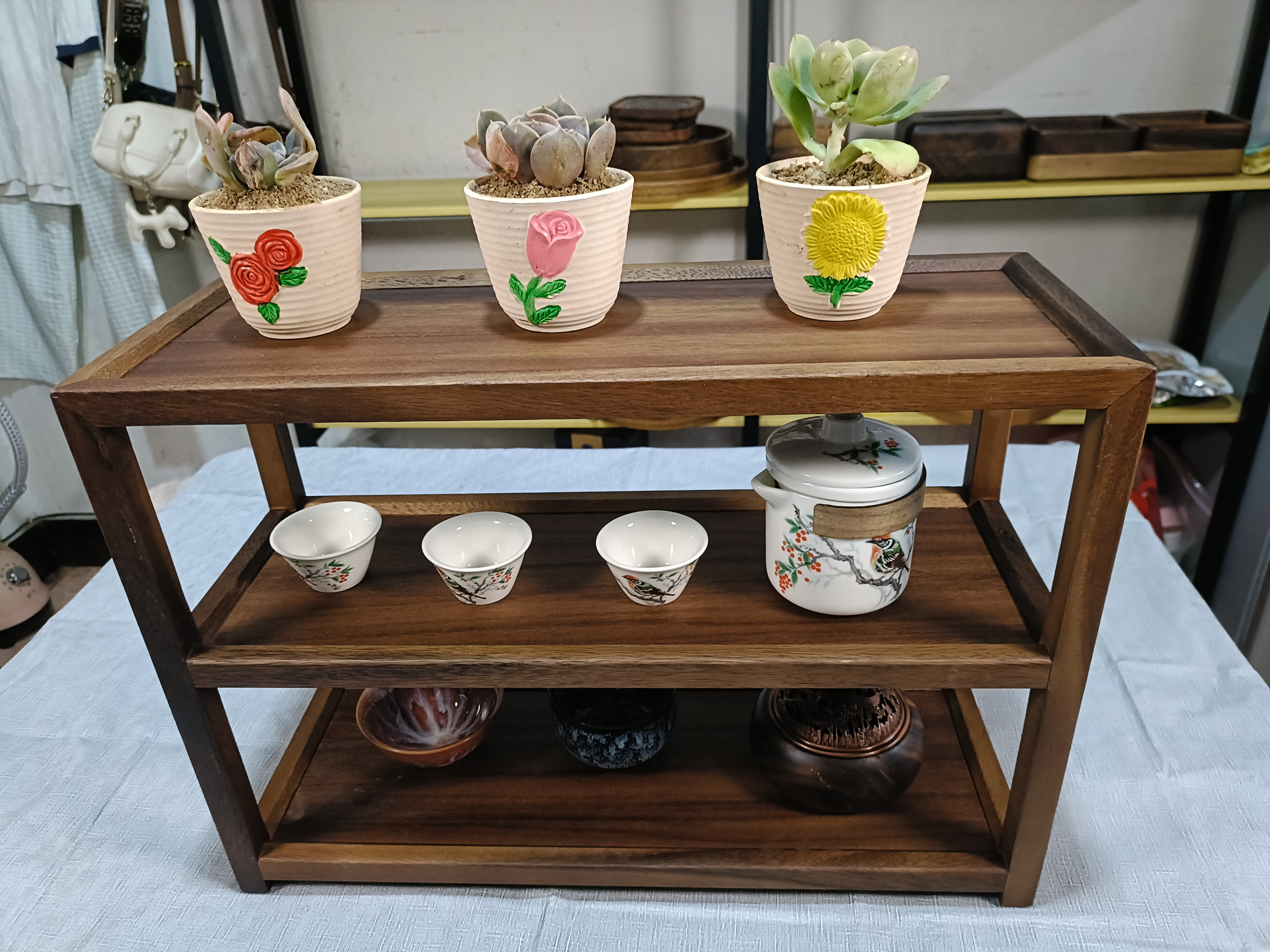 胡桃木三层加长款桌面收纳架茶架置物架43*16*30cm多功能花架