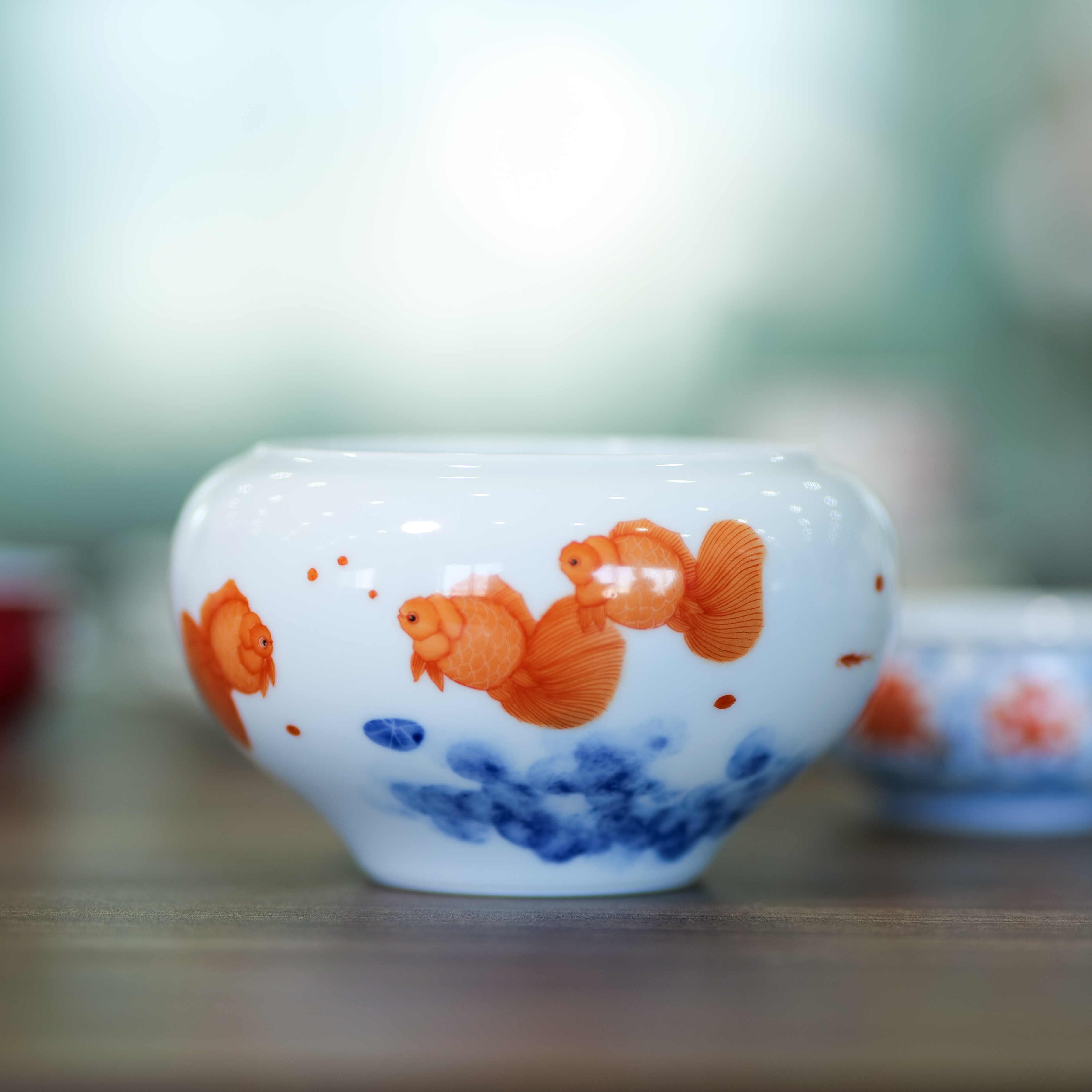LQT0092 山怂 立勤堂青花矾红嘟嘟鱼水洗建水 茶道零批