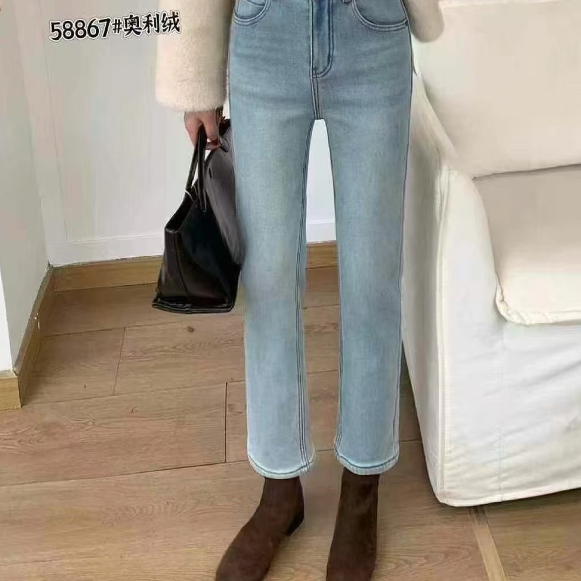 58867女士高腰显瘦浅色烟管牛仔裤秋冬新款直筒