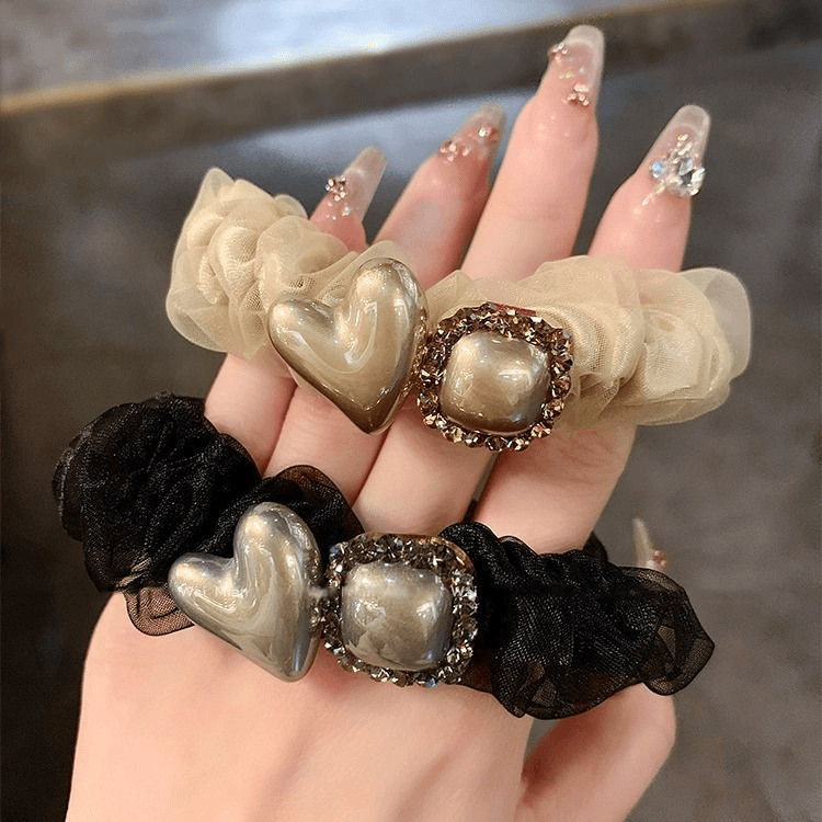 高端爱心镶钻头绳高弹力网纱小肠发圈女扎马尾丸子头皮筋夏季头饰