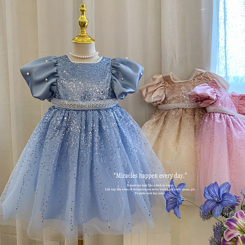 【本妈】2025夏”暮光繁星”女童泡泡袖亮片网纱连衣裙yf57 39'9