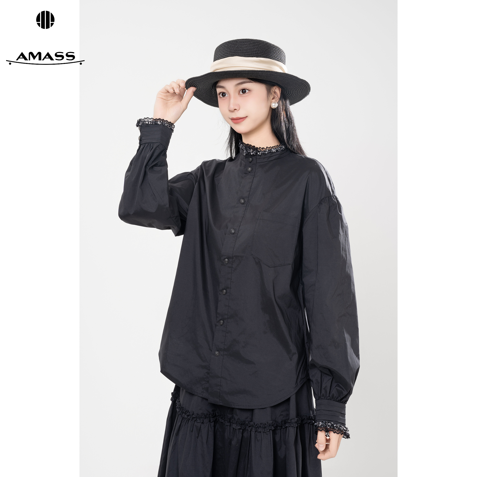 AMASS/阿玛施秋季新款千金风气质时尚温柔小立领单排扣衬衫530115