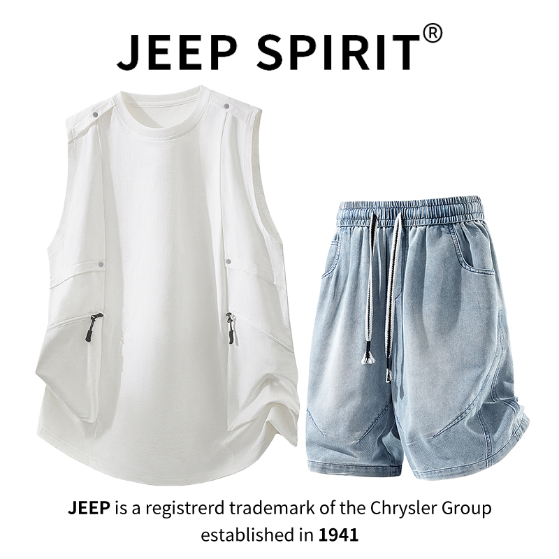 JEEPSPIRIT吉普工装圆领背心牛仔短裤套装男夏季宽松运动大码男装