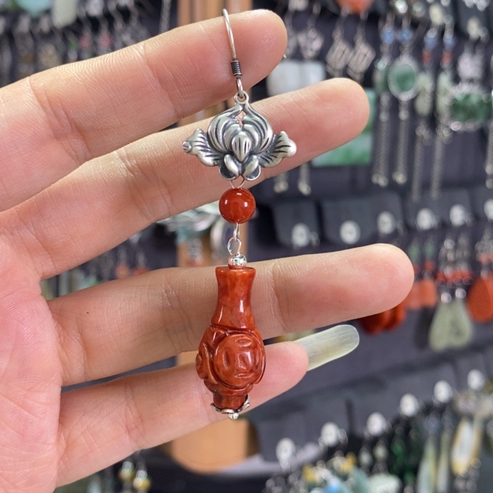 翡翠耳饰银S925镶嵌摩****?X60