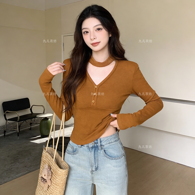 2025新款秋冬设计感V领长袖打底衫女秋冬修身百搭内搭T恤8039