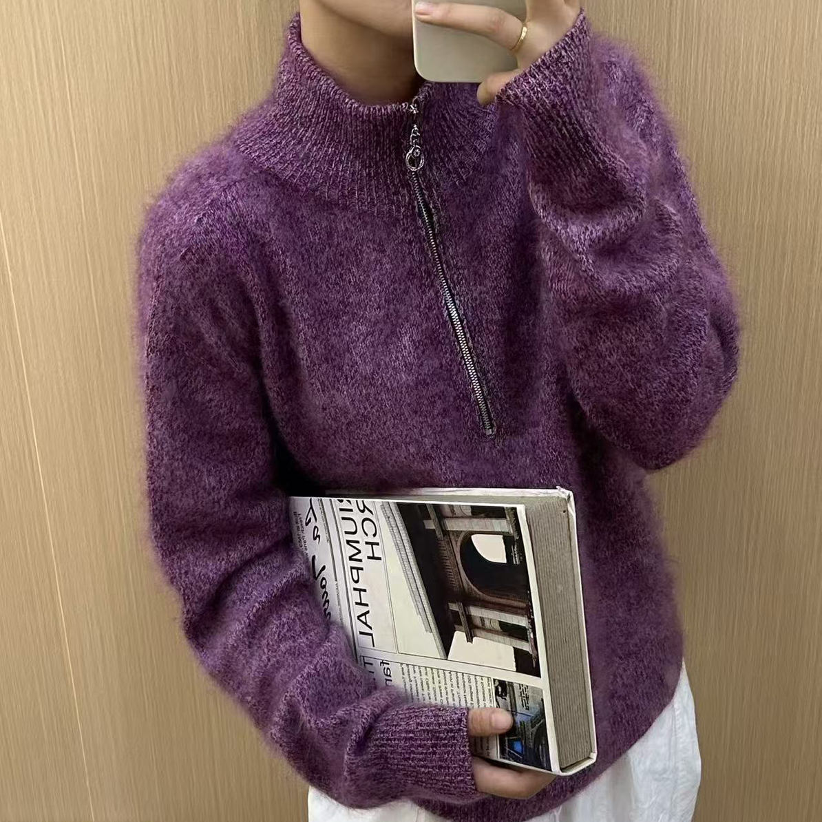 “柔雾”高品质长毛绒皮草感半拉链拉毛毛衣4452