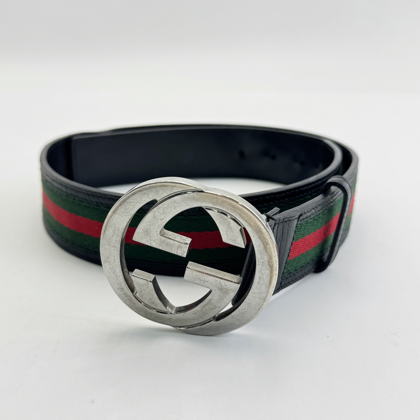 95新 GUCCI/古驰 94cm×4cm/银色双G红绿条纹织物腰带/17249611