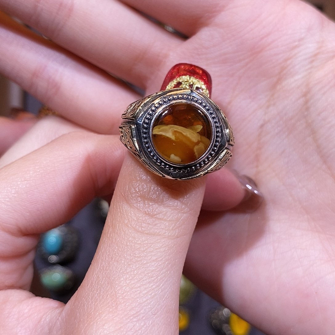 琥珀戒指银S925镶嵌小****?戒指