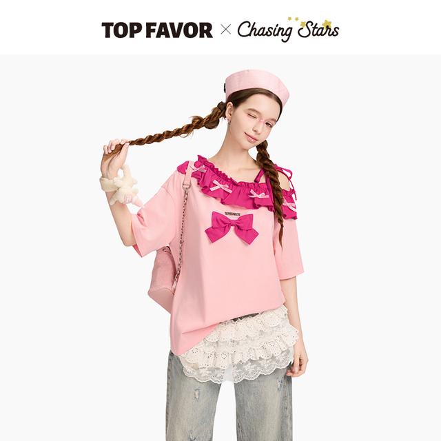 TOP FAVOR【莓果宣言】2025夏季新款T恤女生宽松拼接蝴蝶结短袖甜