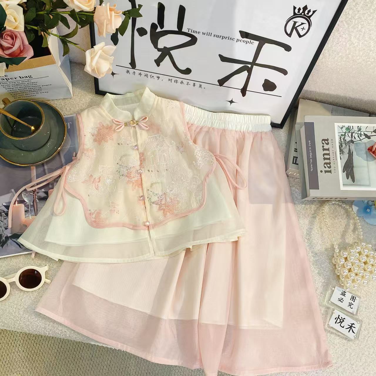 SH新款夏季女童时尚女宝粉色洋气中国风套装80130