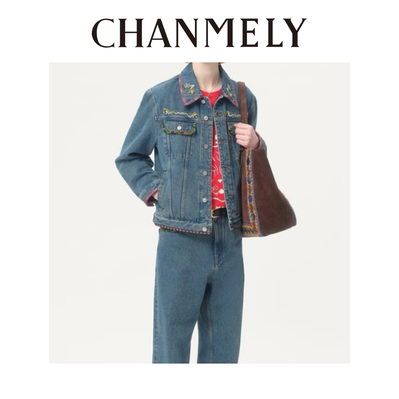 【CHANMITY】25/FW丹宁牛仔时髦复古重工刺绣拼接牛仔外套025640