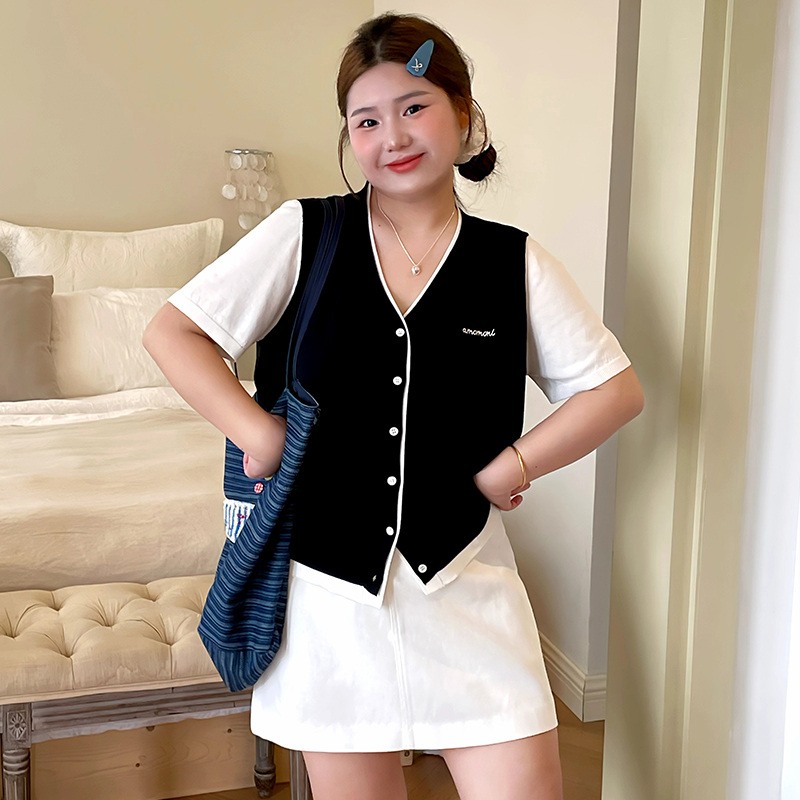 【涵胖胖】清*色假两件上衣女刺绣针织衫2025夏款胖mm短袖开衫22963