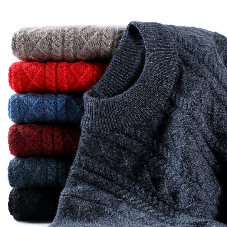 【精选山羊绒】羊毛男圆领加厚粗线针织打底衫秋冬季爸爸装保暖毛衣