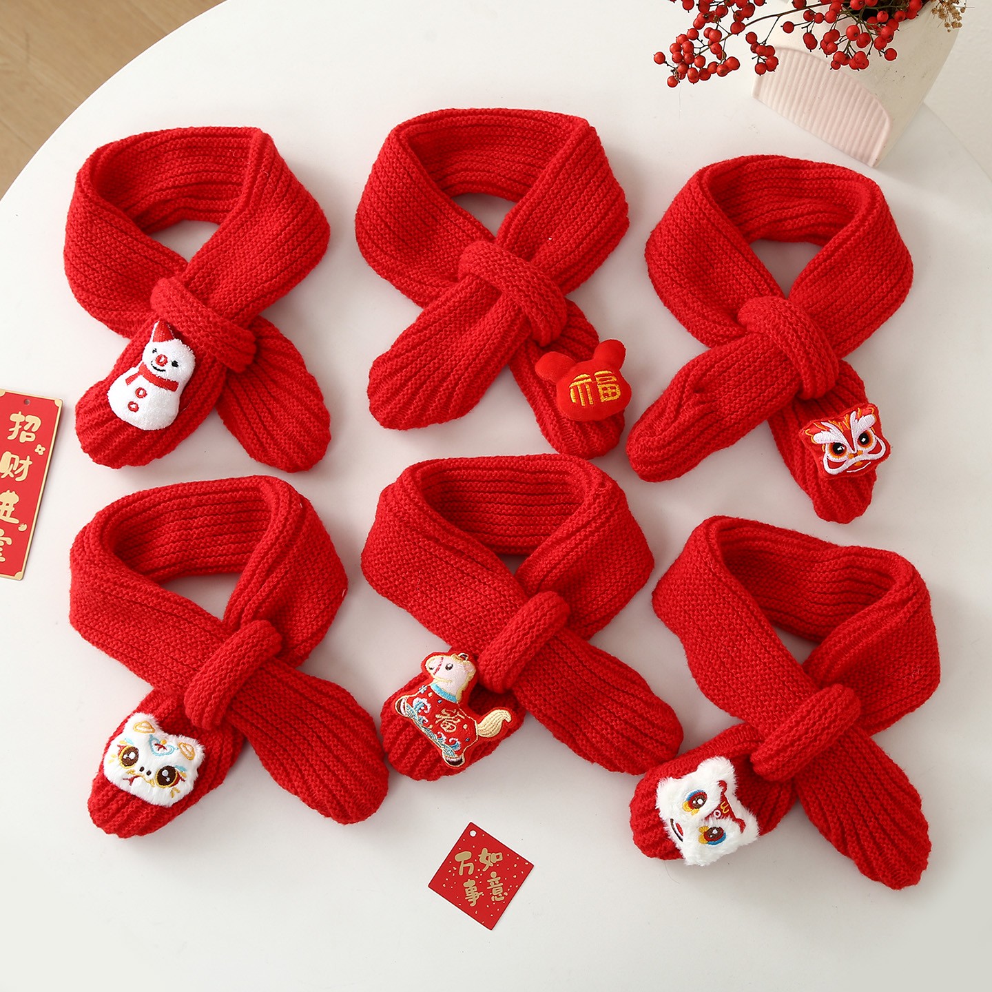 冬季儿童喜庆新年红色宝宝毛线加绒厚婴儿护耳帽子围巾套装围脖