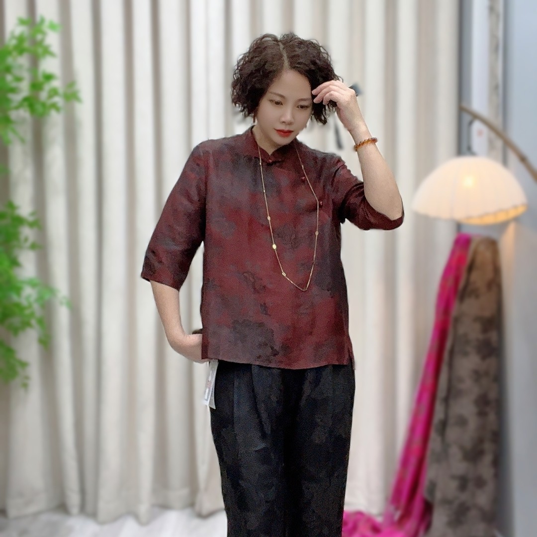 【恋蚕精选】100桑蚕丝香云纱新中式斜襟上衣23C57