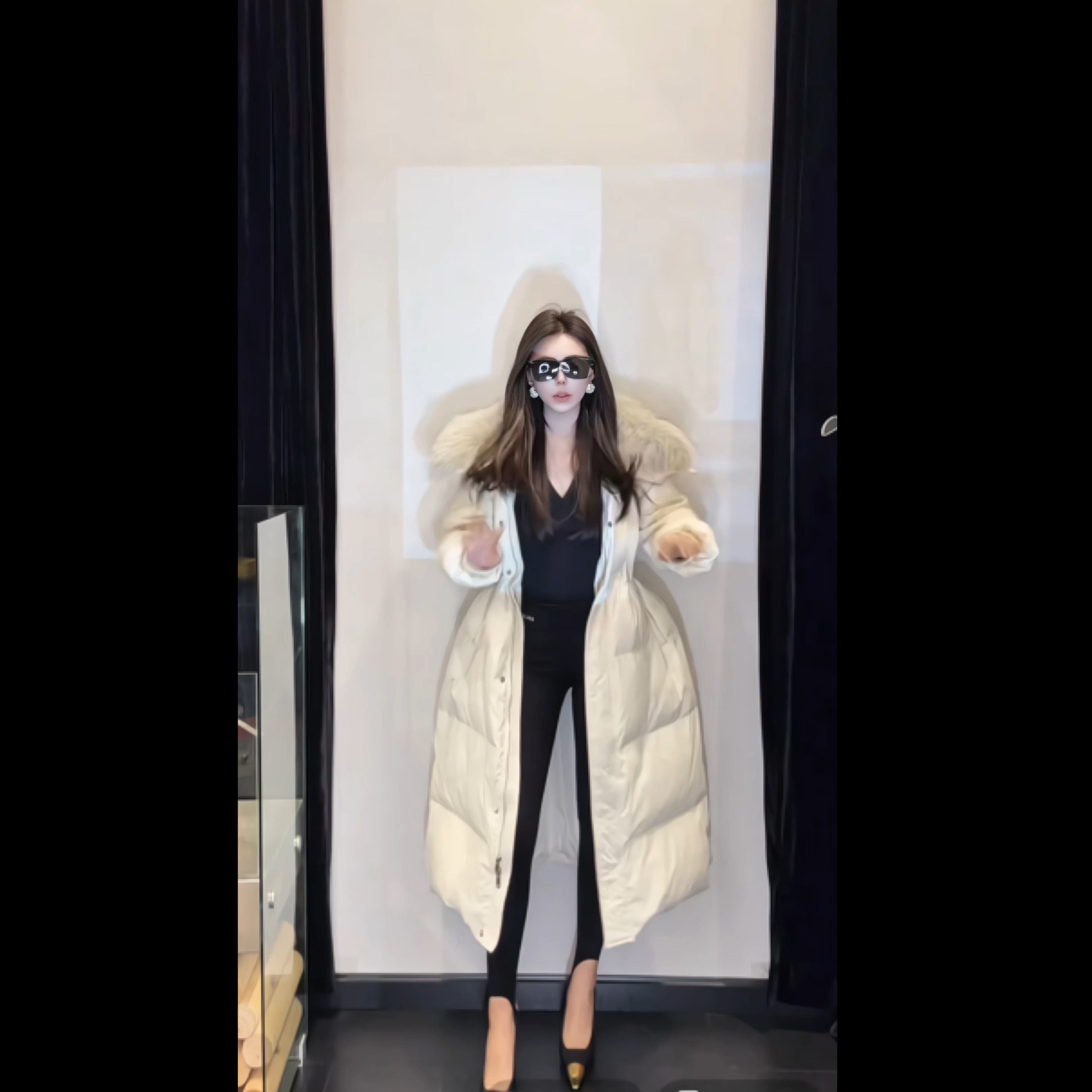 XIA.【权贵】90白鸭绒长款收腰羽绒服冬季中长款狐狸毛真毛【8827】