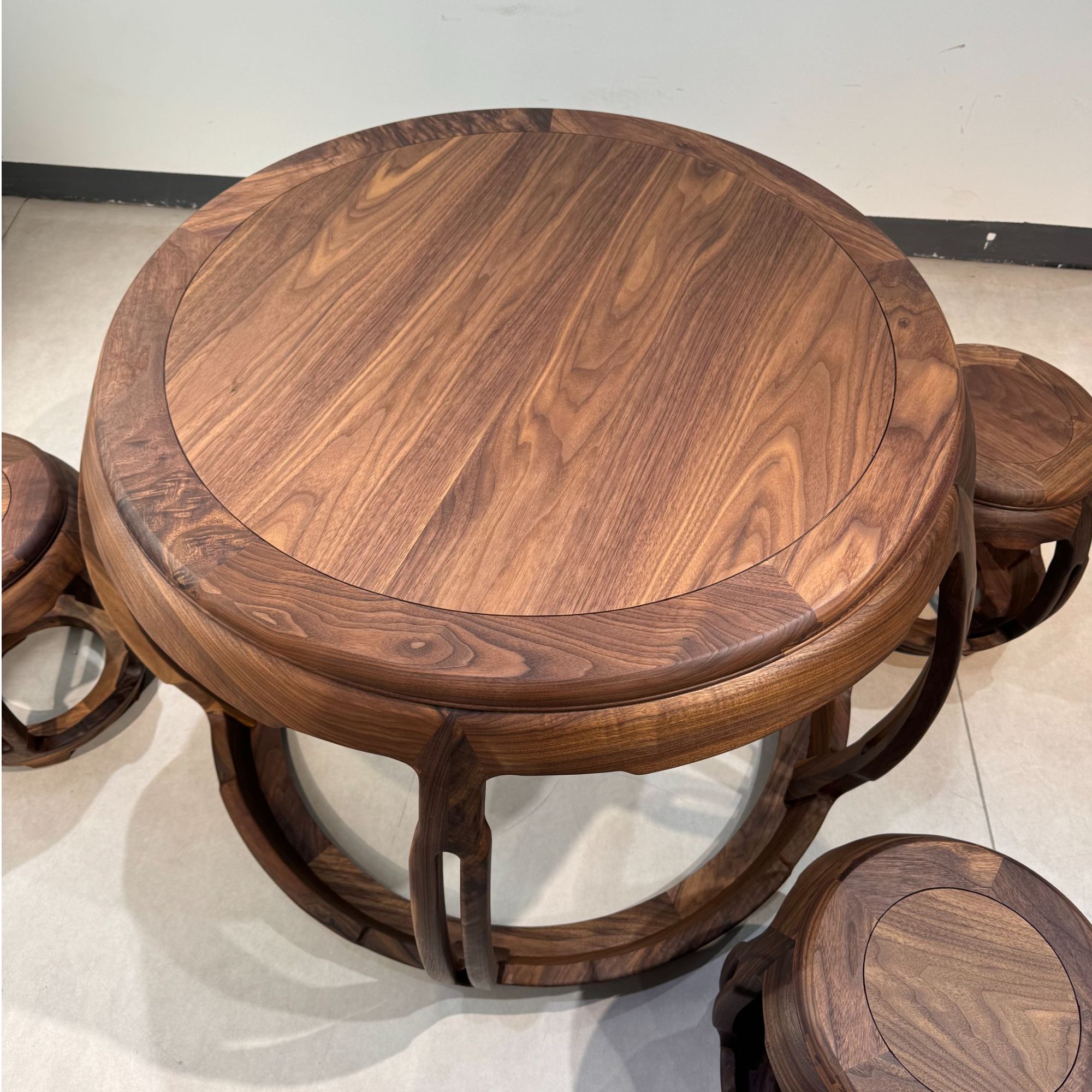  北美黑胡桃纯实木原木鼓桌新中式复古客厅家用简约桌椅阳台圆形