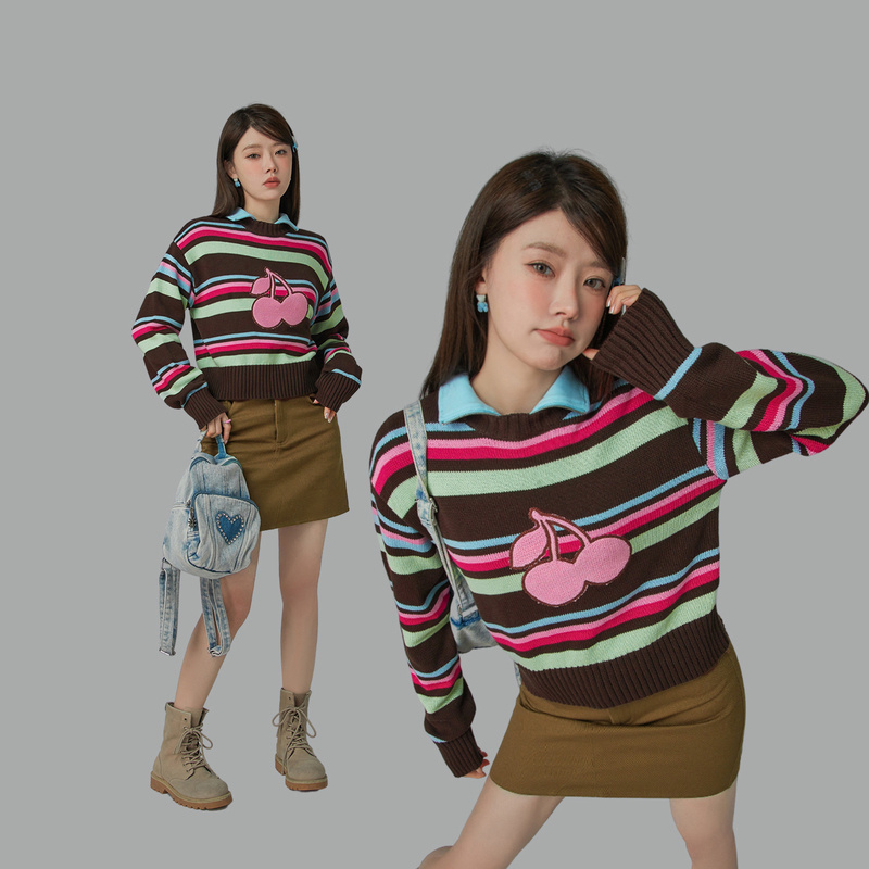 CHUU小樱桃提花条纹宽松打底短针织衫