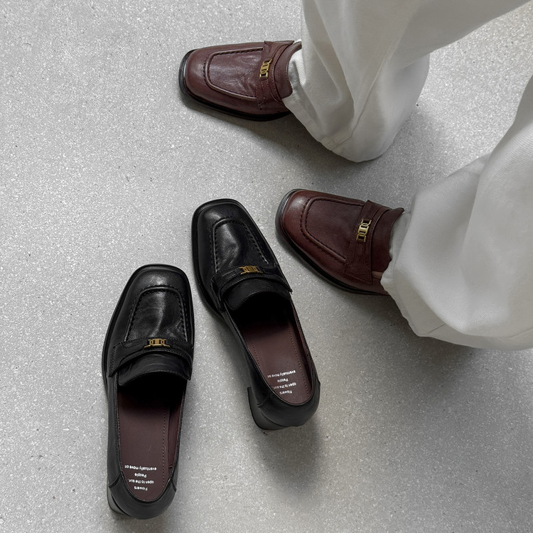 方头粗跟深口单鞋圆头舒适牛皮复古水洗时尚懒人一脚蹬