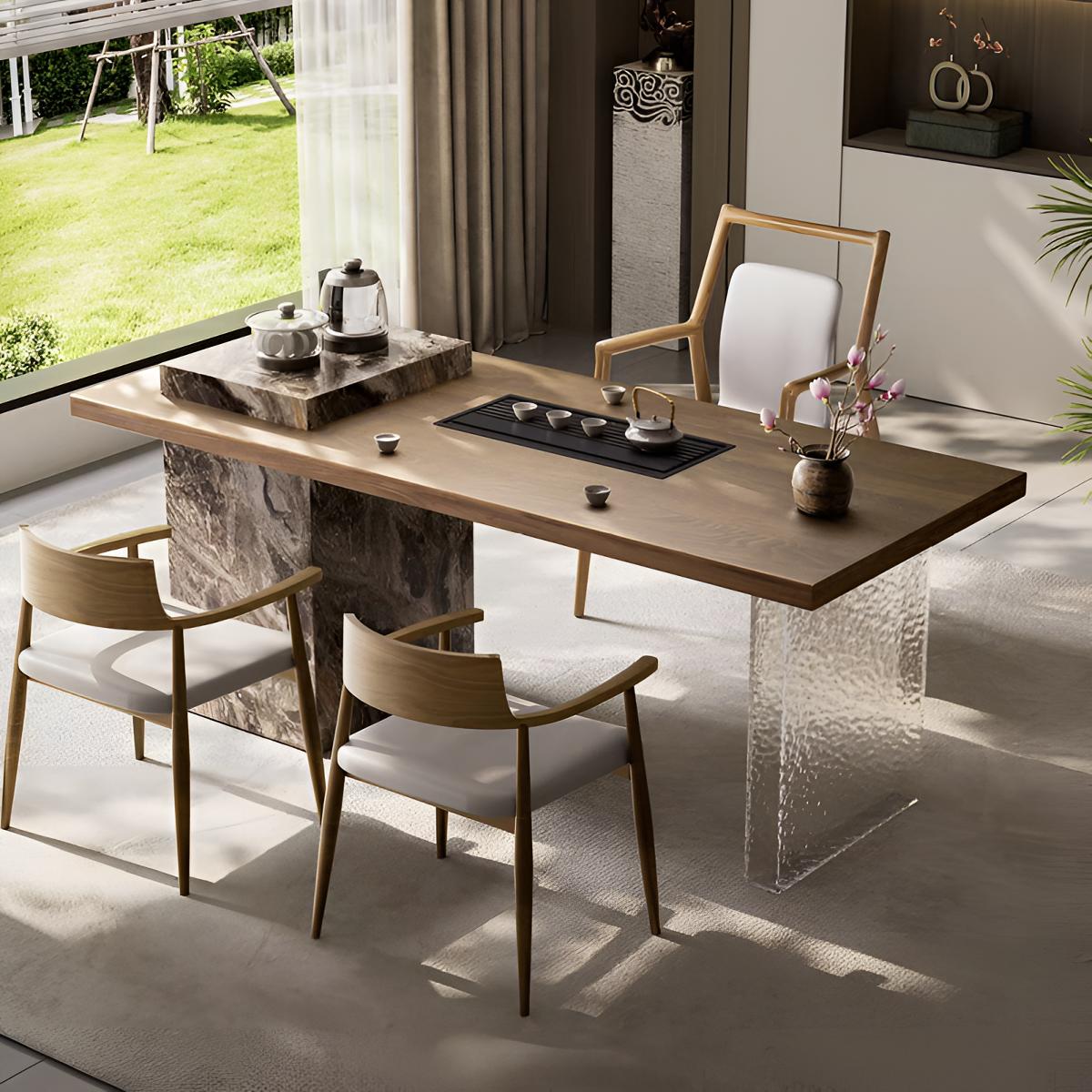 意式极简木纹岩板茶桌椅组合别墅茶室设计师创意现代简约办公茶台