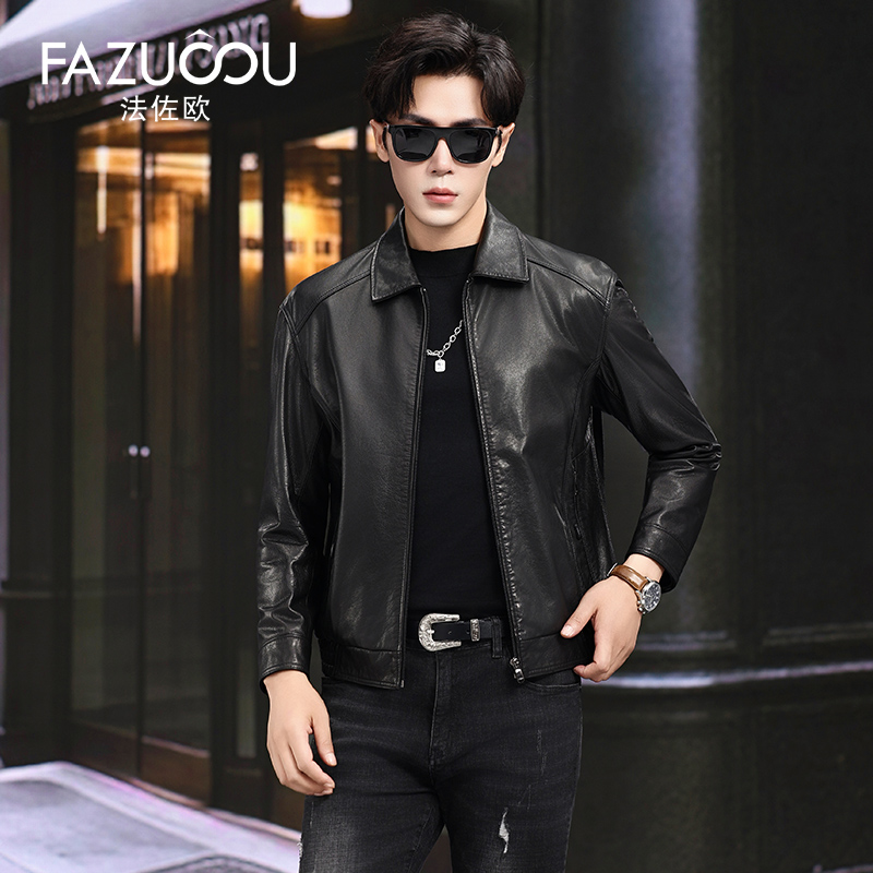 海宁真皮皮衣男短款修身头层小牛皮翻领春秋季休闲机车服夹克外套