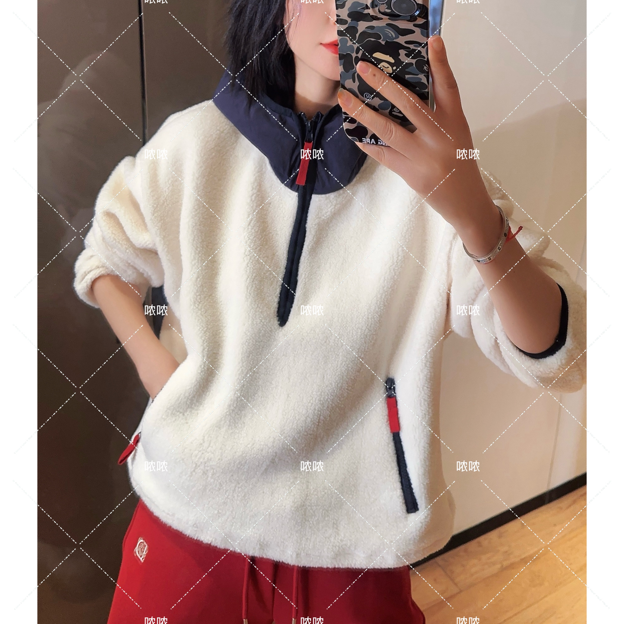 哝NONG【雾屿白绒】-2025秋冬连帽拼接半拉链毛毛套头上衣01392583