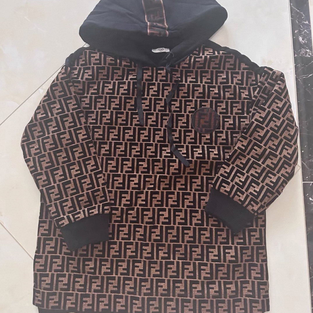 99新 FENDI/芬迪 HZ二手奢侈品芬迪 老花满LOGO植绒连帽卫衣 h952