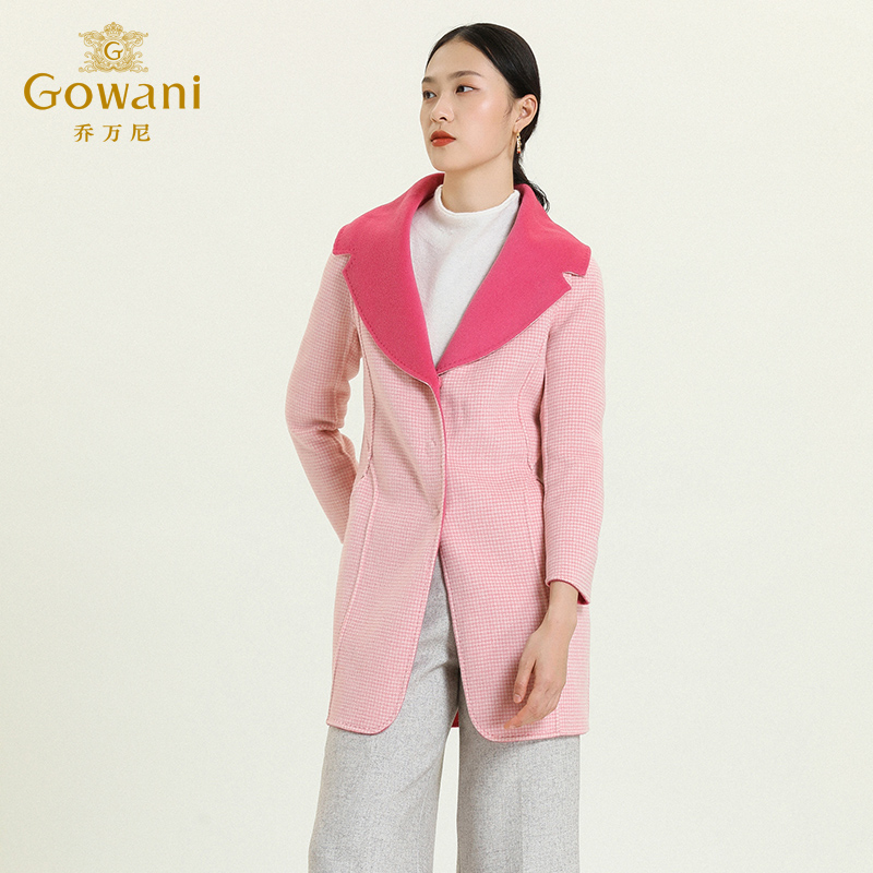 Gowani/乔万尼韩版格纹撞色双面呢茧型羊毛呢子大衣外套E154A236