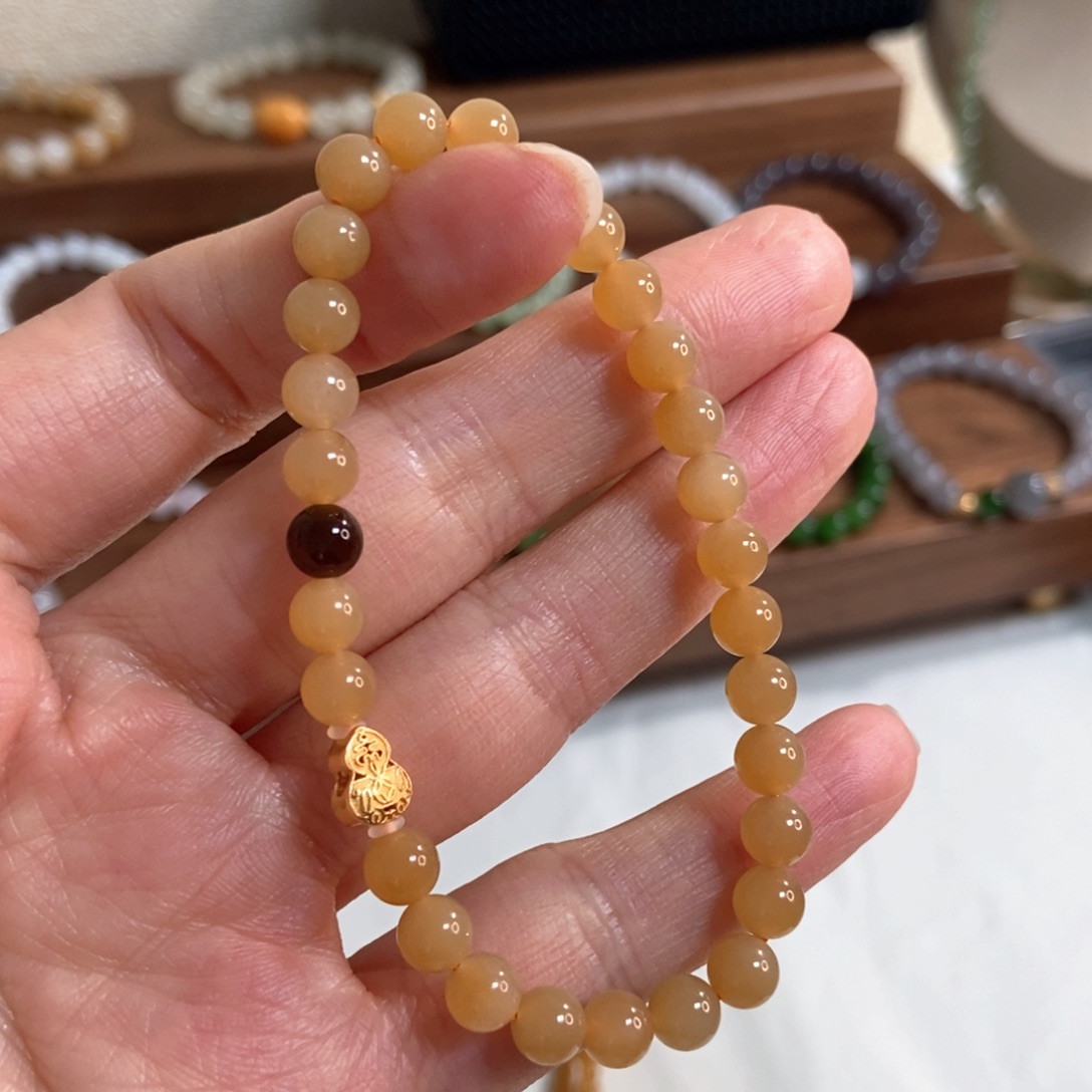 和田玉手链银S925镶嵌6mm且末糖